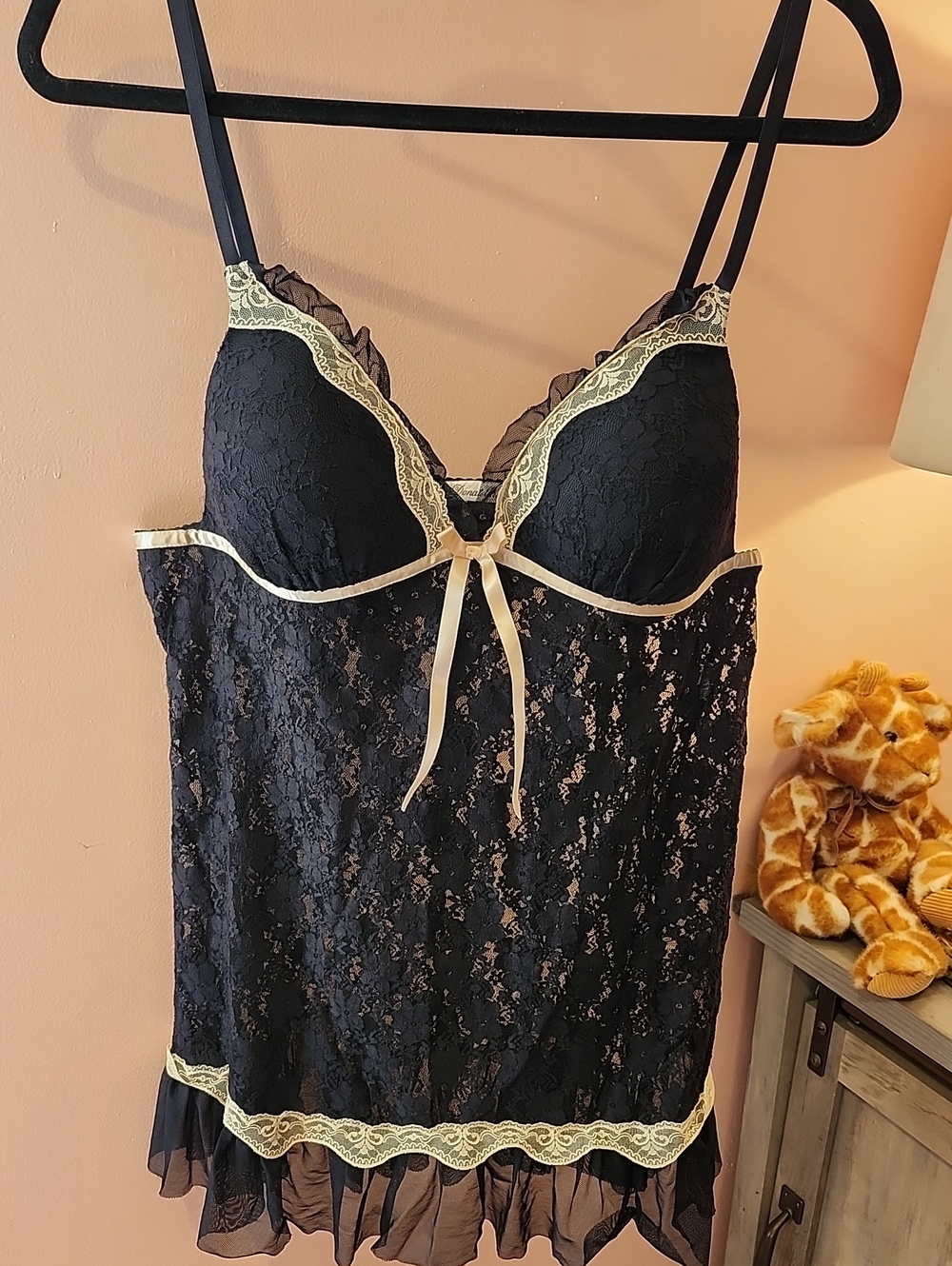 Linea Donatella Black Lace Babydoll with Cream Trim